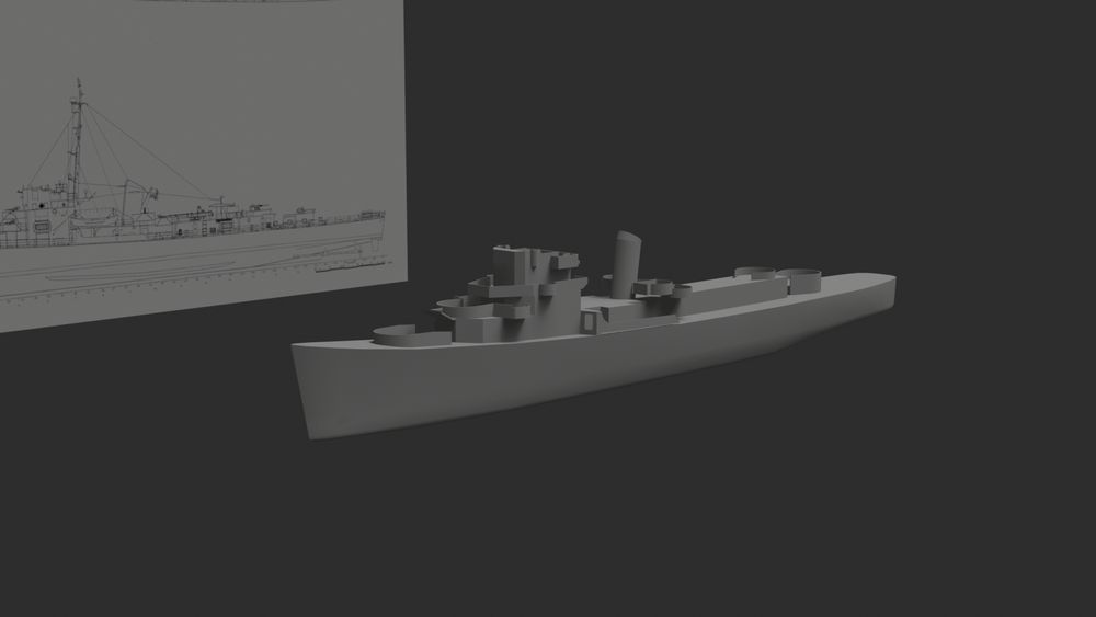 A 3D model of a Cannon Class destroyer Escort in early development.Lacks most details and textures,only basic geometry is present.