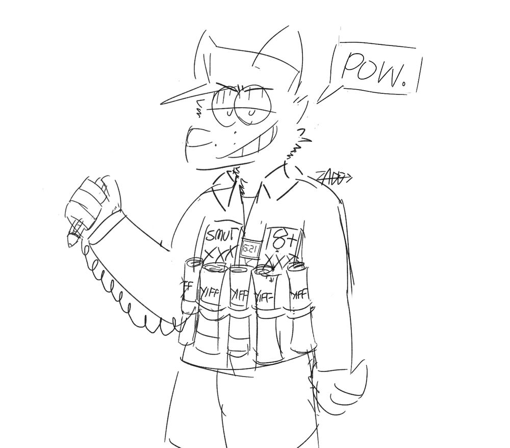 My sona, grinning, wearing a mock-explosive vest that's actually made from rolled up magazines labelled 'YIFF' and boxes that contain hard drives full of smut or some shit. He's holding a detonator that's actually a stylus with a string connecting to the vest.