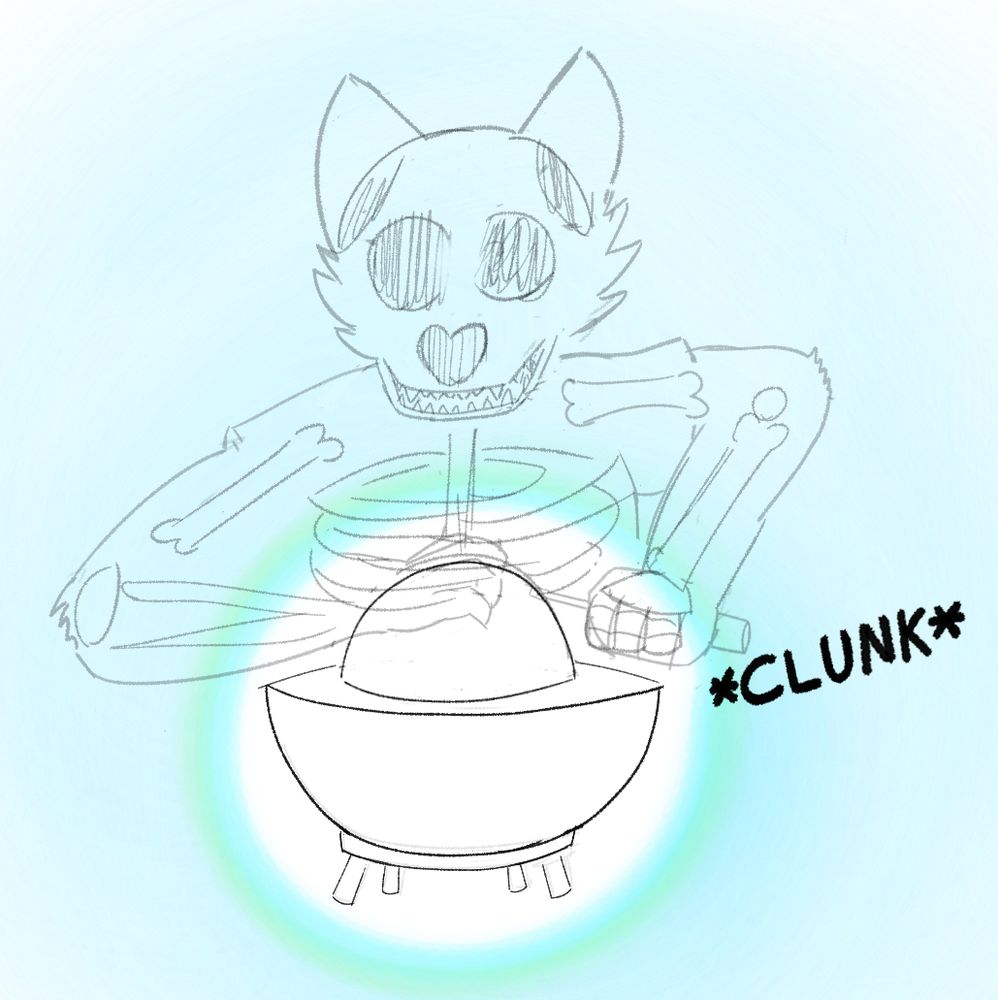 With a clunk, Larry has fucked up by letting the upper hemisphere fall over Rufus entirely, causing prompt criticality. The assembly is surrounded by a white hot glow, and the air around him is glowing blue with ionization. He is depicted as transparent with his skeleton showing, attempting to communicate the absolute destruction being wrought on every single cell in his body. 