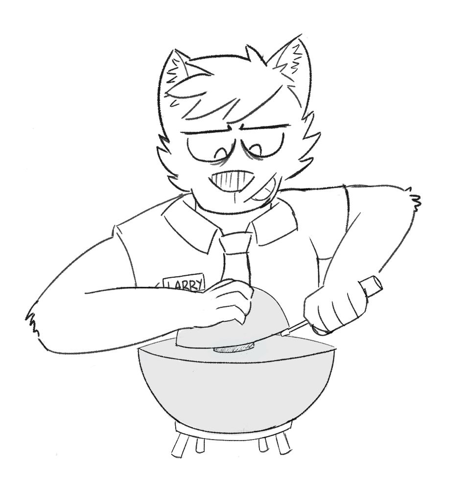 Larry, a white anthropomorphic fox wearing a short-sleeved workshirt and tie is attempting to manipulate the so-called 'demon core' which consists of a 6.2 kilogram plutonium-gallium alloy sphere nicknamed 'rufus' resting between two beryllium half sphere neutron reflectors, the lower one larger and resting on a stand and the other smaller, being held up by a screwdriver with his hand resting on top. He is attempting to determine the absolute limit of sub-criticality. 