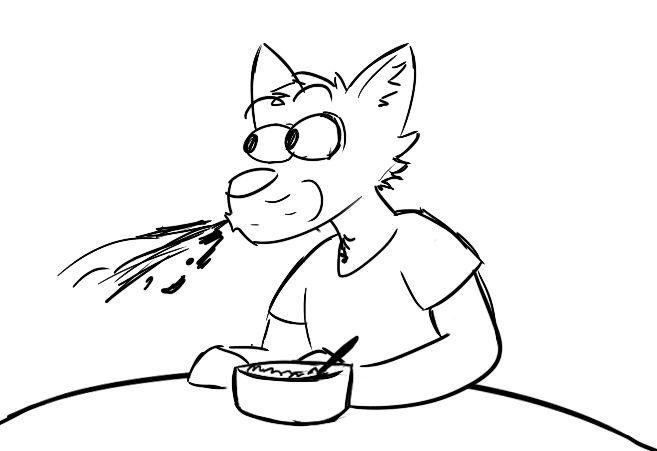 A recreation of the 'cereal guy' meme with a little anthro canine dude. Eyes bulging out, eyebrows raised, a bowl of cereal rests on the table in front of his arms as he leans forward in surprise, spitting cereal in shock.