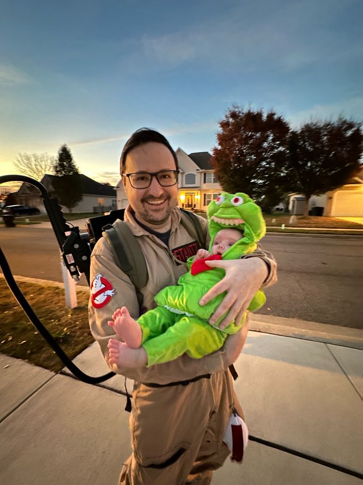 Game Dave as a Ghostbuster with a Slimer baby