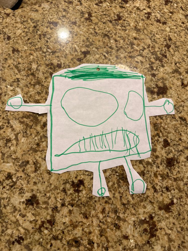Drawing of a green square-shaped person with big circle eyes and stick arms and legs.