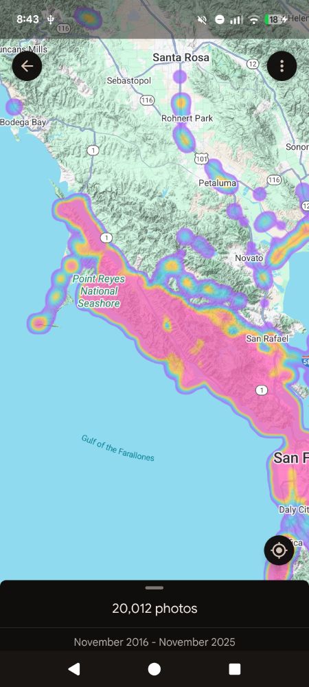 Google photo heatmap showing the entirety of Marin colored in