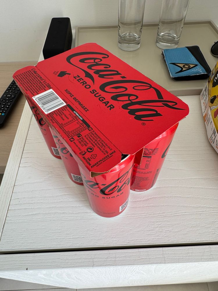A six-pack of Coke Zero with zero plastic wrapping