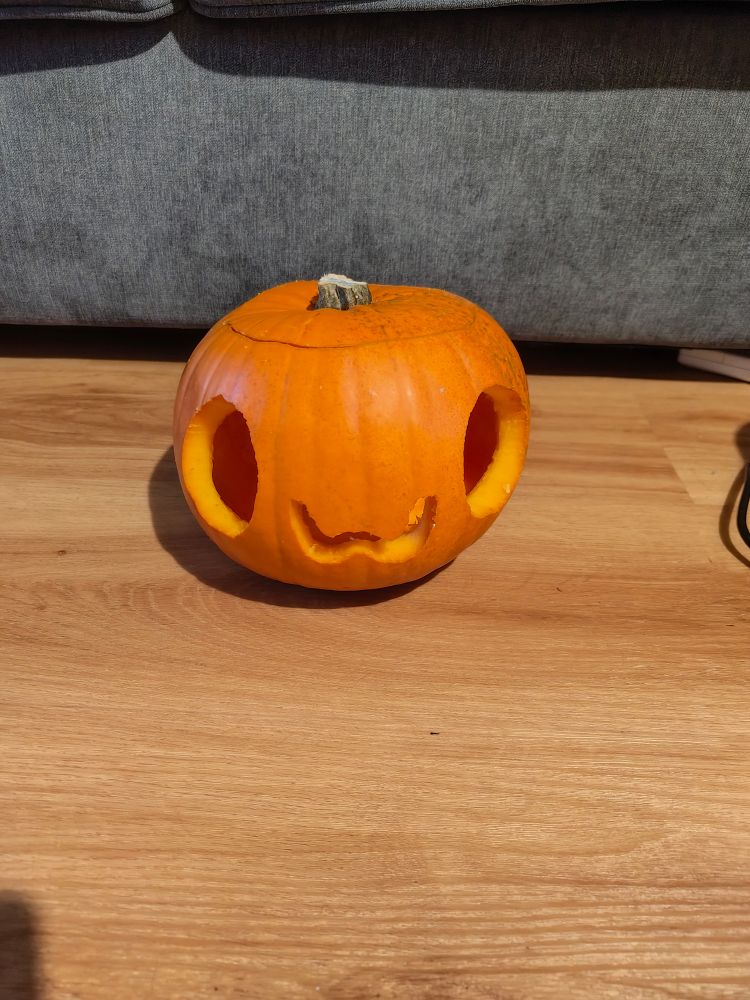 A photo of a crudely carved pumpkin. Its haunting face: OwO