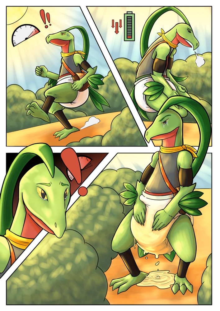 Dino Evergreen is rushing to the bathroom because he really needs to pee but doesn’t want to wet himself for the umpteenth time.

Panel 1: Dino runs through a bushy area in the afternoon, searching for a bathroom. An almost full fuel gauge symbolizes his desperate need to pee.

Panel 2: Dino gets exhausted and stops running, symbolized by the nearly depleted battery symbol. He slouches and pants as he tries to catch his breath.

Panel 3: The fuel gauge from the first panel goes past full, symbolizing that Dino couldn't find the bathroom in time and he’s having an accident—tears of shame well in his eyes.

Panel 4: Dino pees so much that his diaper overflows and leaks, a recurring problem of his. He can only stand there helplessly as a puddle of urine forms beneath him, his hands on his crotch and the tears falling from his eyes.