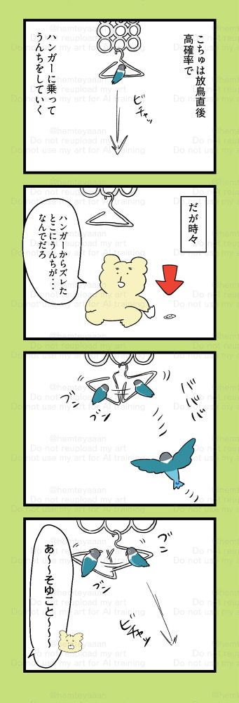 こちゅは放鳥直後、高確率でハンガーに乗ってうんちをする。→だが時々「ハンガーからズレたところにうんちが…なんでだろ」→勢いよくハンガーに乗るこちゅ→バンガーで揺れながらうんち。「あ〜そゆこと〜」