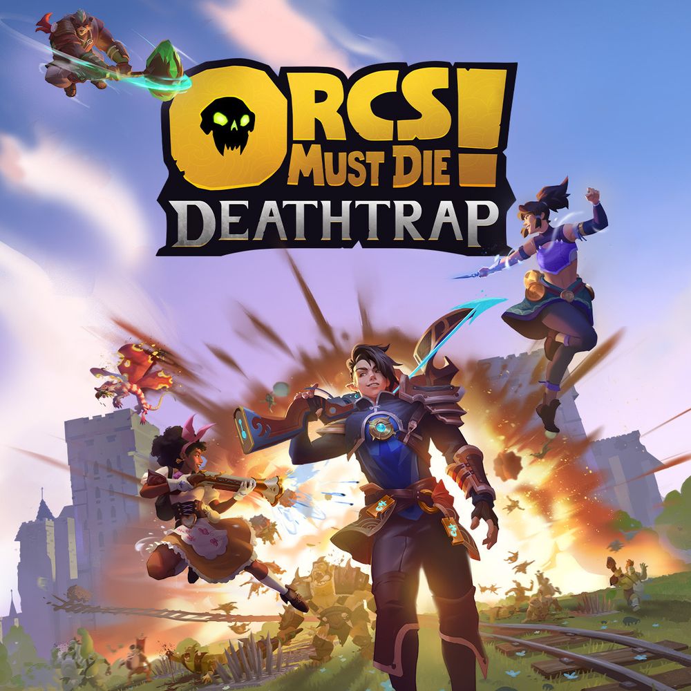 Cover art of the upcoming game "Orcs Must Die Deathrap" showing multiple playable characters infront of an exploding horde of orcs.