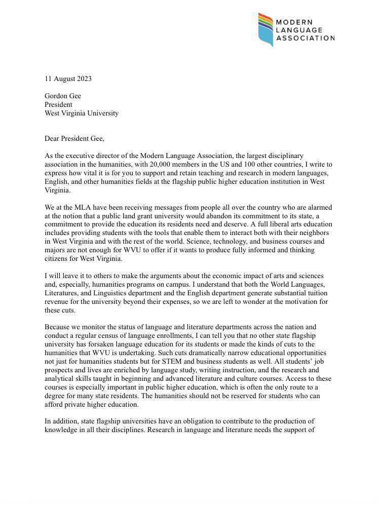 Letter from the MLA to President Gee at WVU, noting how awful it is to eliminate language study at a state flagship university, especially for working class and first-gen students.