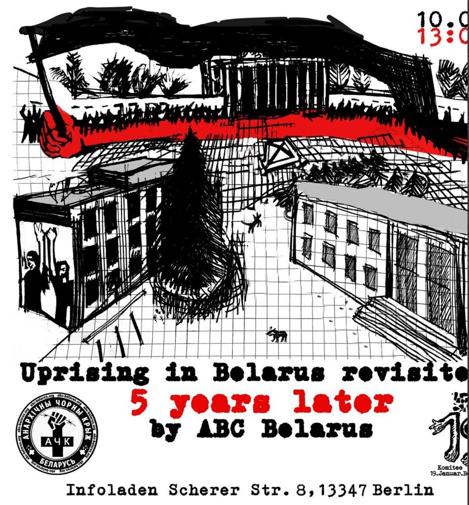 Black pen drawn picture of a protest in a socialist-architecture-like city. The crowd is metaphorically waking on a long red arm, the fist is holding a black flag. Uprising in Belarus 5 years ago, commemorative event at Infoladen Scherer 8