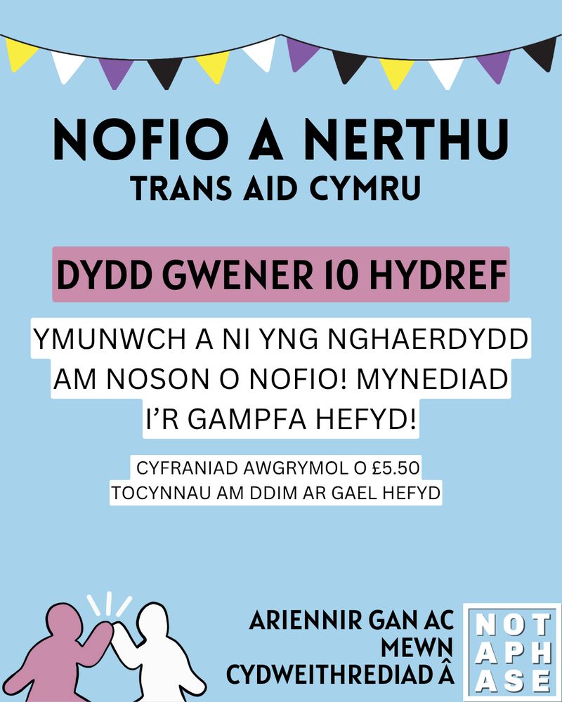 Nofio a Nerthu Trans Aid Cymru. Dydd Gwener 10 Hydref. Ymunwch a ni yng Nghaerdydd am noson o nofio! Mynediad i'r gampfa hefyd! Cyfraniad awgrymol o 5.50. Tocynnau am ddim ar gael hefyd. Ariennir gan ac mewn cydweithrediad a Not A Phase.