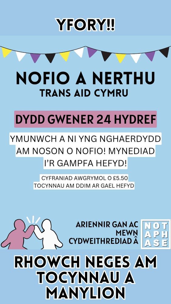 Yfory!! Dydd Gwener Yma! Nofio a Nerthu Trans Aid Cymru. Dydd Gwener 24 Hydref. Ymunwch a ni yng Nghaerdydd am noson o nogio! Mynediad i'r gampfa hefyd! Cyfraniad awwgrymol o £5.50. Tocynnau am ddim ar gael hefyd. Trans Aid Cymru Ariennir gan ac mewn cydweithrediad a NotaPhase. Rhowch Neges am tocynnau a manylion.