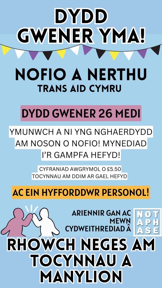 Dydd Gwener Yma! Nofio a Nerthu Trans Aid Cymru. Dydd Gwener 26 Medi. Ymunwch a ni yng Nghaerdydd am noson o nogio! Mynediad i'r gampfa hefyd! Cyfraniad awwgrymol o £5.50. Tocynnau am ddim ar gael hefyd. Ac ein hyfforddwr personol! Trans Aid Cymru Ariennir gan ac mewn cydweithrediad a NotaPhase. Rhowch Neges am tocynnau a manylion.