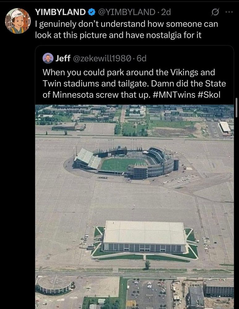 Screen grab of a post where Yimbyland comments on a post about tailgating at Twins Vikings game, photo shows old Met Stadium surrounded by empty parking lots