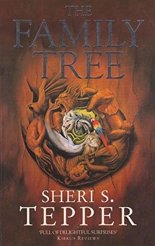Alt text: The book cover for The Family Tree by Sheri S. Tepper features an intricate design of animals intertwined. The central focus is a gnarled tree trunk with animals intricately carved into it such as a lion, bird, and other creatures, forming a circular motif. The animals become more colourful in the middle of the circle instead of wood carvings. The background is textured in earthy tones, and the title and author’s name appear at the top in bold, serif font. A review quote at the bottom reads, “Full of delightful surprises” - Kirkus Reviews.