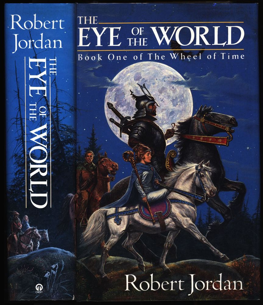 The Eye of the World - Robert Jordan
Book one of The Wheel of Time
Lan on a tall black horse, Moiraine on a short white mare. A full moon behind them. There are several other people on horses. Rand? Mat?