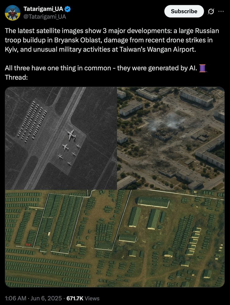 The latest satellite images show 3 major developments: a large Russian troop buildup in Bryansk Oblast, damage from recent drone strikes in Kyiv, and unusual military activities at Taiwan’s Wangan Airport.

All three have one thing in common - they were generated by AI. 🧵Thread:
