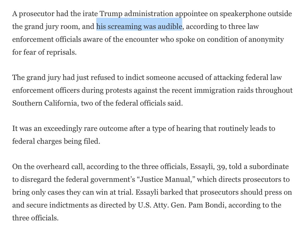 A prosecutor had the irate Trump administration appointee on speakerphone outside the grand jury room, and his screaming was audible, according to three law enforcement officials aware of the encounter who spoke on condition of anonymity for fear of reprisals.

The grand jury had just refused to indict someone accused of attacking federal law enforcement officers during protests against the recent immigration raids throughout Southern California, two of the federal officials said.

It was an exceedingly rare outcome after a type of hearing that routinely leads to federal charges being filed.

On the overheard call, according to the three officials, Essayli, 39, told a subordinate to disregard the federal government’s “Justice Manual,” which directs prosecutors to bring only cases they can win at trial. Essayli barked that prosecutors should press on and secure indictments as directed by U.S. Atty. Gen. Pam Bondi, according to the three officials.