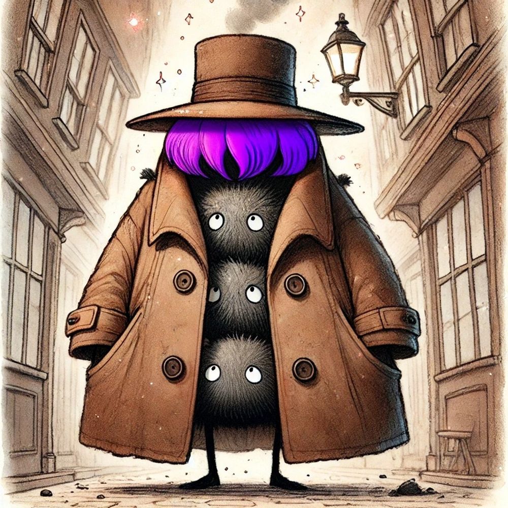 Three soot sprites, stacked inside a brown trench coat, with a purple wig on top.