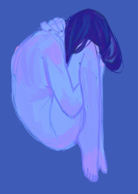 a nude, light blue tinted woman curled up in the fetal position cradling herself. Her face is obscured by her knees and long, dark blue hair. The piece gives an overwhelming tone of grief.