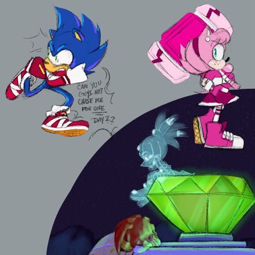 In the upper right corner, the same redesign of Any Rose holds her hammer in one hand while glancing over her shoulder from a side view while blowing bubble gum. 
In the left is Sonic running in an exaggerated manner while screaming “can you guys not chase me for ONE day??” He’s been redesigned to wear a red bomber jacket with sweatband cuffs along with red, slip on sneakers with white bands across the body of the shoe.
In the lower left, Tikal the Echidna (as a faint, blue spirit) sits atop the Master Emerald (large green emerald that is bigger than most characters) she watches over Knuckles the Echidna as he sleeps through the night while guarding the relic. She’s been redesigned with more mesoamerican themes- sporting spines in a large ponytail with several opals, gold bracelets, and body paint.
