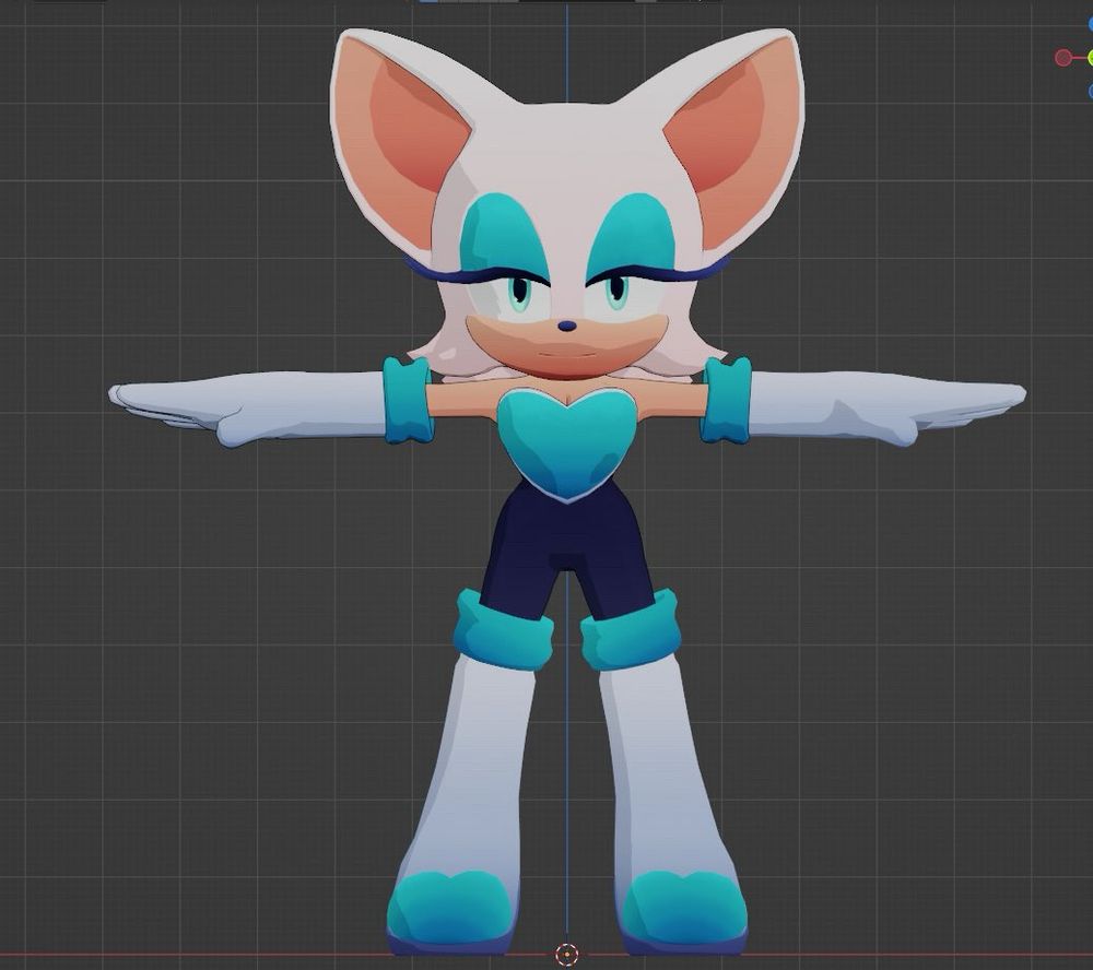 A cel shaded 3D model of Rouge the Bat from the Sonic the Hedgehog franchise with her textures edited to have a dark blue catsuit and teal accents on her eyelids, cuffs, chest plate, and the toes of her boots.