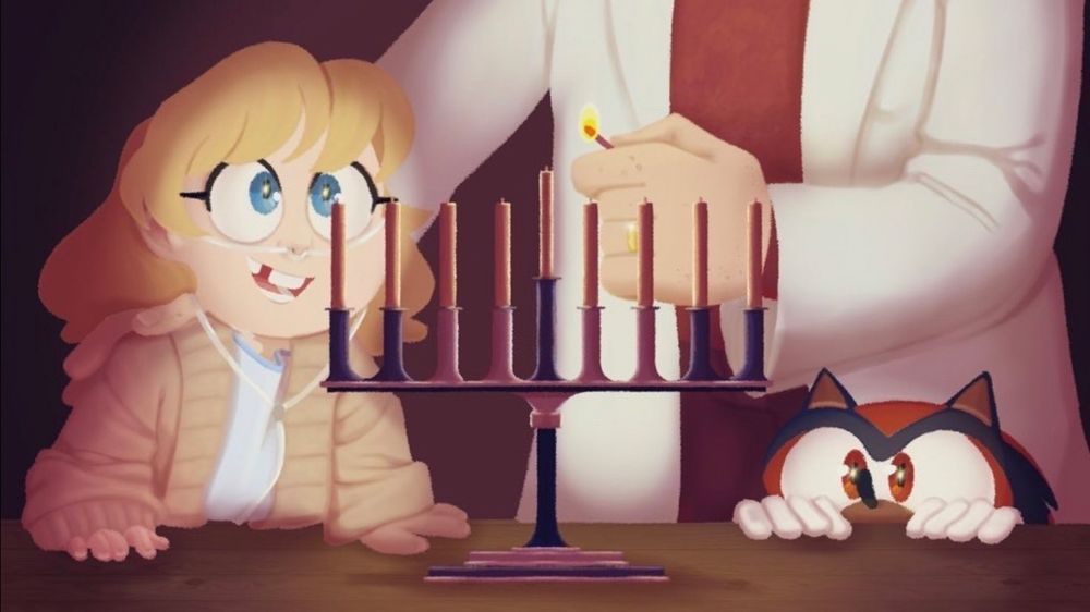 A young Maria Robotnik watches in awe as her grandfather, out of view, lights the first candle of the menorah- the centerpiece of the painting. She wears an oversized beige cardigan, a blue hospital gown, and a medical tube connecting to her nose and down her chest- pinned between her body and the table as she leans over in awe. Shadow is to her left, peeking over the table at one of his first exposures to fire as he learns about human traditions and religions. The scene has a warm pink glow that fades out into a darker magenta to signify the fondness of the memory.