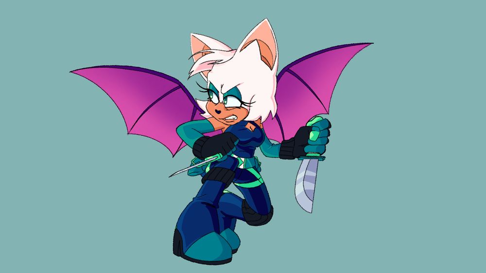 Rouge the Bat from the Sonic the Hedgehog franchise redesigned with a dark blue catsuit with teal and seafoam green accents on her gloves, boots, and cuffs. Shes crouched in a combat position while dual wielding two knives that match her outfit.