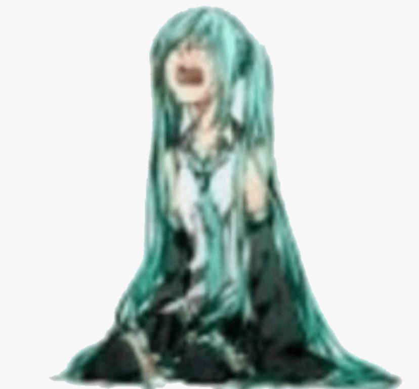 HATSUNE miku on her knees crying out in anguish