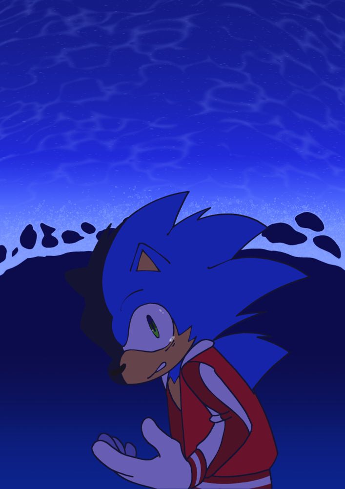 Sonic the hedgehog looks at the viewer with the fear of god. A single tear wells up in his eye and he has a slight grimace. This version of Sonic has slightly scruffier quills and a red varsity jacket hangs loosely over his closed off posture. An ocean wave rolls down in the background as if about to swallow Sonic.