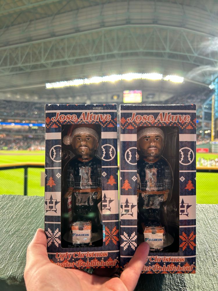 christmas in July bobblehead dolls with Jose Altuve in an ugly sweater #astros