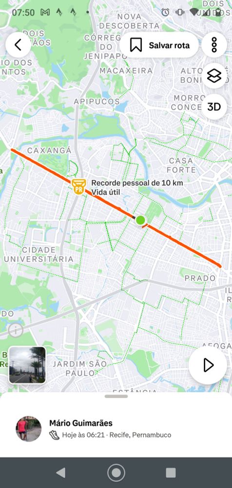 Captura de tela do aplicativo Strava, onde mostra um mapa de uma parte da cidade do Recife e a rota percorrida, destacada em laranja.