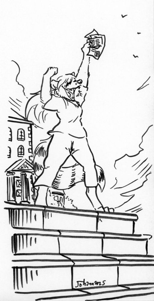 Saila an Arctic Fox and Raccoon hybrid furry celebrating her name and gender change outside of a court house. Art by Cervelet