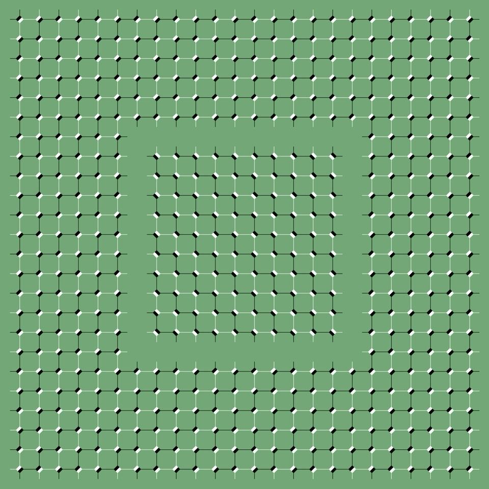 In this optical illusion, a set of connected squares leaning at an angle seem to move. They are surrounded by a blank space, which is surrounded by more squared, oriented in a different direction.
