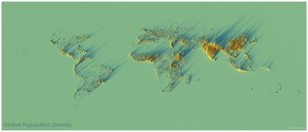 Population density map illustrates where people are concentrated in yellow against a green background, with no boundaries distinguishing relatively vacant land from the oceans.