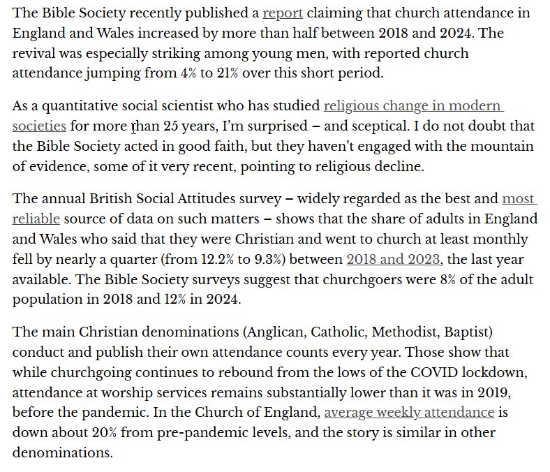 The Bible Society recently published a report claiming that church attendance in England and Wales increased by more than half between 2018 and 2024. The revival was especially striking among young men, with reported church attendance jumping from 4% to 21% over this short period.

As a quantitative social scientist who has studied religious change in modern societies for more than 25 years, I’m surprised – and sceptical. I do not doubt that the Bible Society acted in good faith, but they haven’t engaged with the mountain of evidence, some of it very recent, pointing to religious decline.

The annual British Social Attitudes survey – widely regarded as the best and most reliable source of data on such matters – shows that the share of adults in England and Wales who said that they were Christian and went to church at least monthly fell by nearly a quarter (from 12.2% to 9.3%) between 2018 and 2023, the last year available. The Bible Society surveys suggest that churchgoers were 8% of the adult population in 2018 and 12% in 2024.

The main Christian denominations (Anglican, Catholic, Methodist, Baptist) conduct and publish their own attendance counts every year. Those show that while churchgoing continues to rebound from the lows of the COVID lockdown, attendance at worship services remains substantially lower than it was in 2019, before the pandemic. In the Church of England, average weekly attendance is down about 20% from pre-pandemic levels, and the story is similar in other denominations.