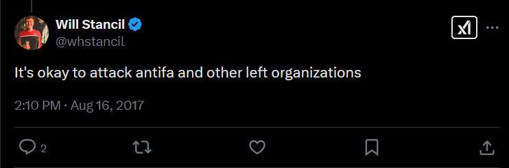 2017 tweet from Will Stancil. He said "It's okay to attack antifa and other left organizations"