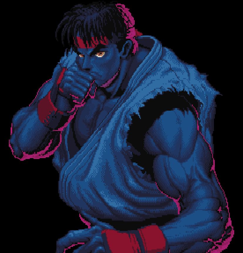 The image is a screenshot taken from the Super Street Fighter II Turbo intro. It's recolored to be better suited for a cross-stitch pattern using the colors available from DMC.