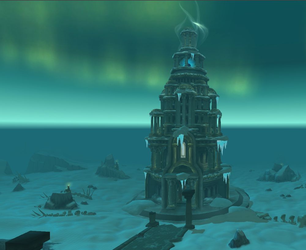 a scene of Wyrmrest Temple from the current version of the viewer: we now have the skybox's aurora and the torches have fire