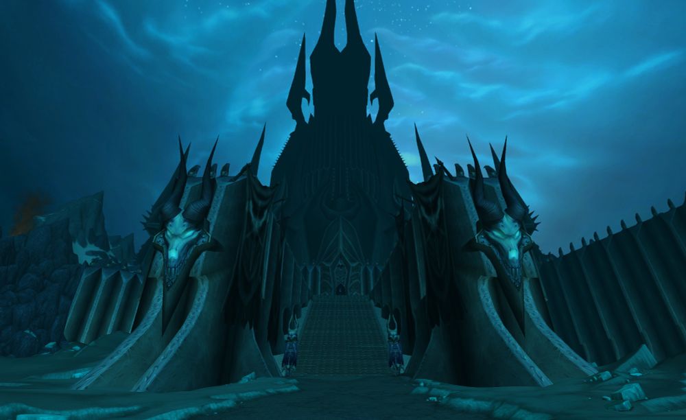 A scene from the video game World of Warcraft of Icecrown Citadel, the seat of the Lich King