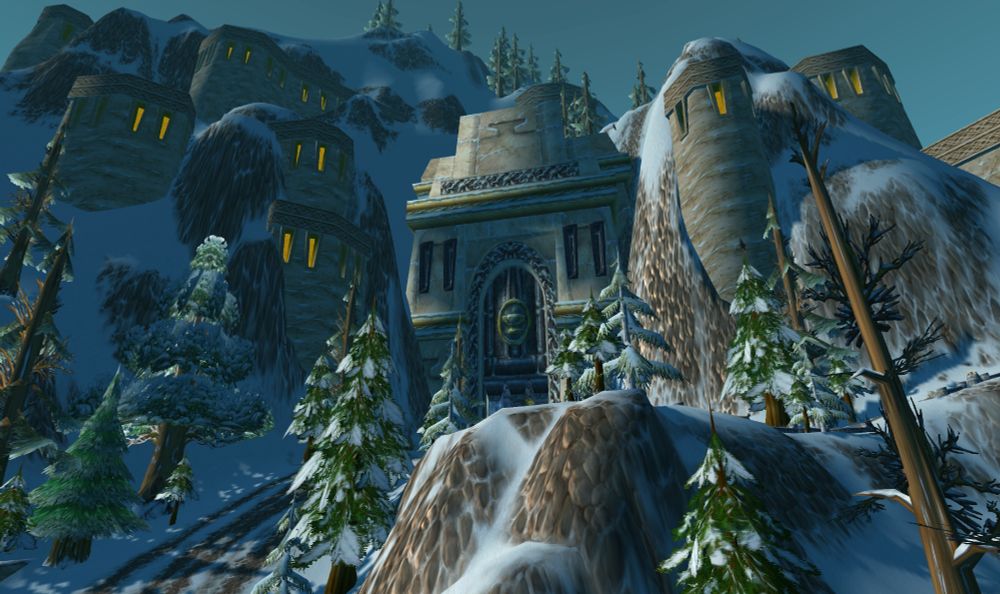 A scene from the video game World of Warcraft of the gates of Ironforge, a dwarven city embedded in the mountains