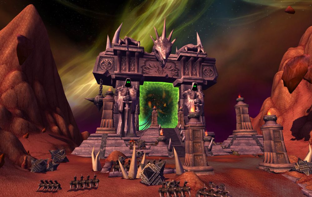 A scene from the video game World of Warcraft of the Dark Portal, a portal between the realm of Azeroth and Outland