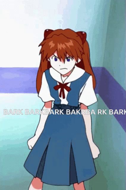 a girl with red hair is standing in a hallway with the words bark bark bark bakrba rk bark below her