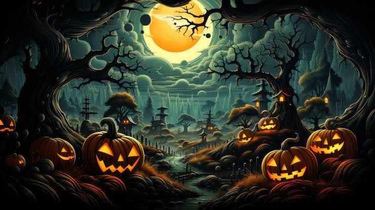 Spooky pumpkins under an orange moon 