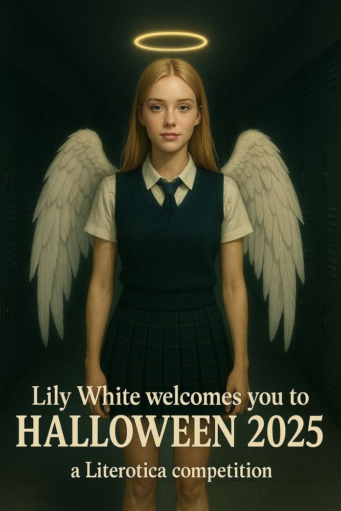 Literotica Halloween competition 2025 - an angel dressed in Catholic school uniform 
