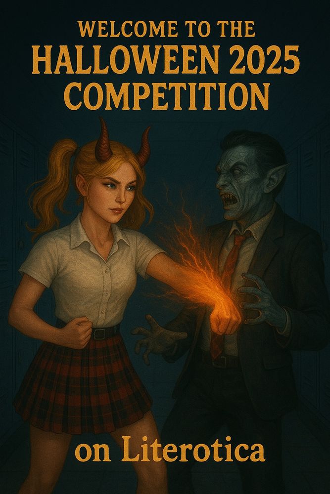 Welcome to the Halloween 2025 Competition on Literotica. A she-demon punching a vampire 