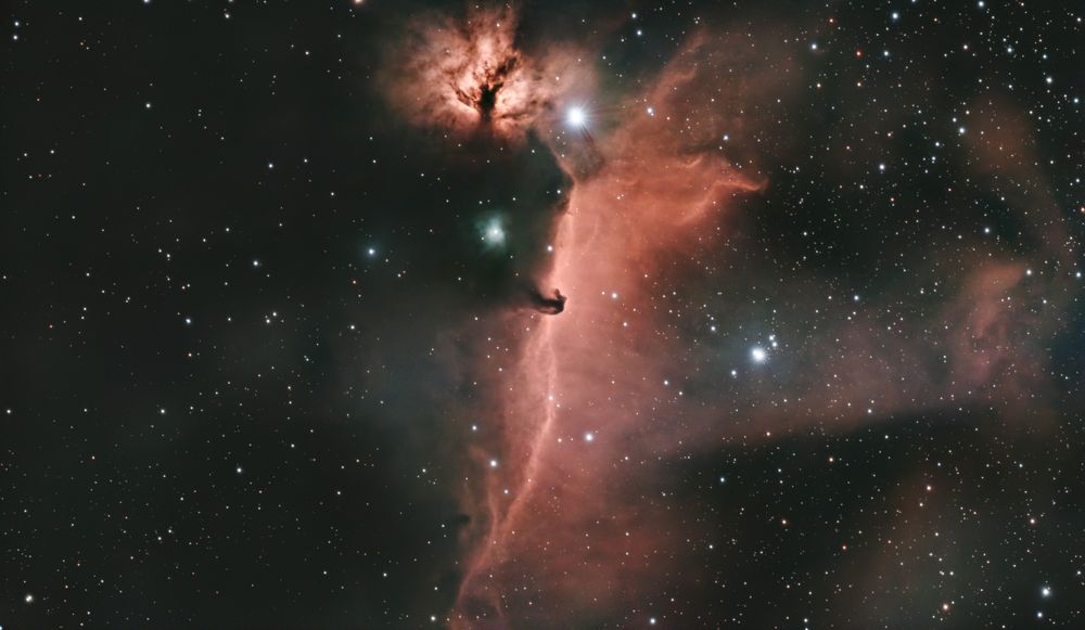 Reddish nebula fills the center of the image from the top to the bottom. In the center of the image is dark dust in the shape of the head of a horse (with the top of the head pointing to the right and the nose pointing up) covering part of the red nebula.