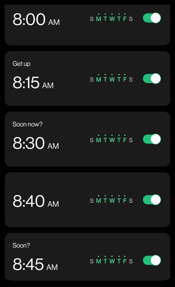 Screenshot of a phone screen with several alarms set from 8 am to 8:45