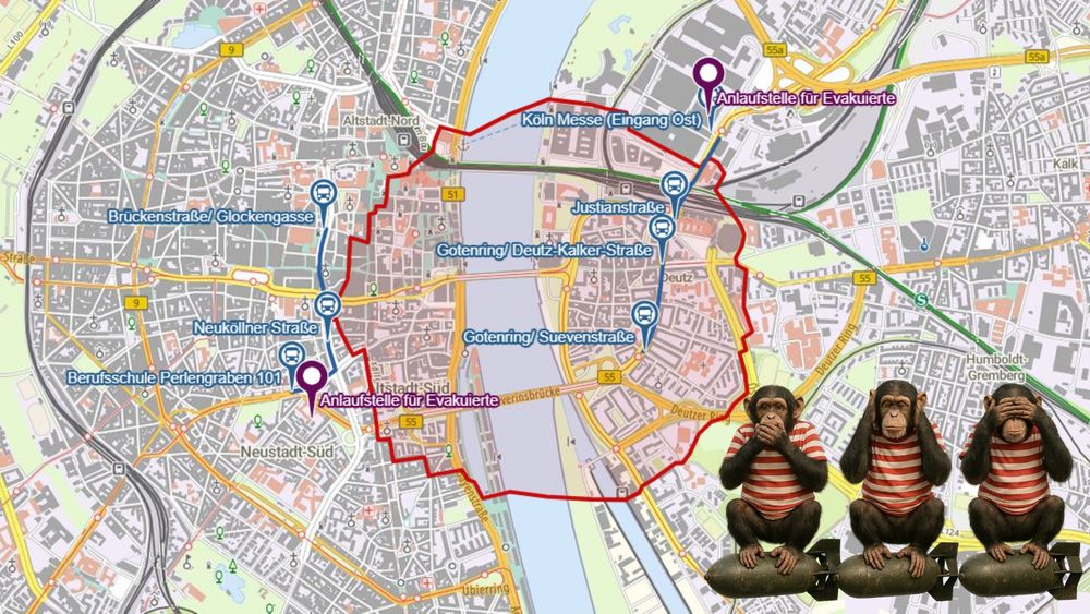 Karte von Köln mit rot markierter Evakuierungszone rund um die Innenstadt und Deutz, aufgrund eines Bombenfunds. Mehrere Anlaufstellen für Evakuierte sind lila markiert, darunter die Berufsschule Perlengraben 101 und Köln Messe (Eingang Ost). Öffentliche Verkehrsanbindungen sind eingezeichnet. Unten rechts im Bild sitzen drei Schimpansen im „Nichts sehen, nichts hören, nichts sagen“-Gestus auf alten Fliegerbomben – eine kritische Anspielung auf den Umgang mit Blindgängern.